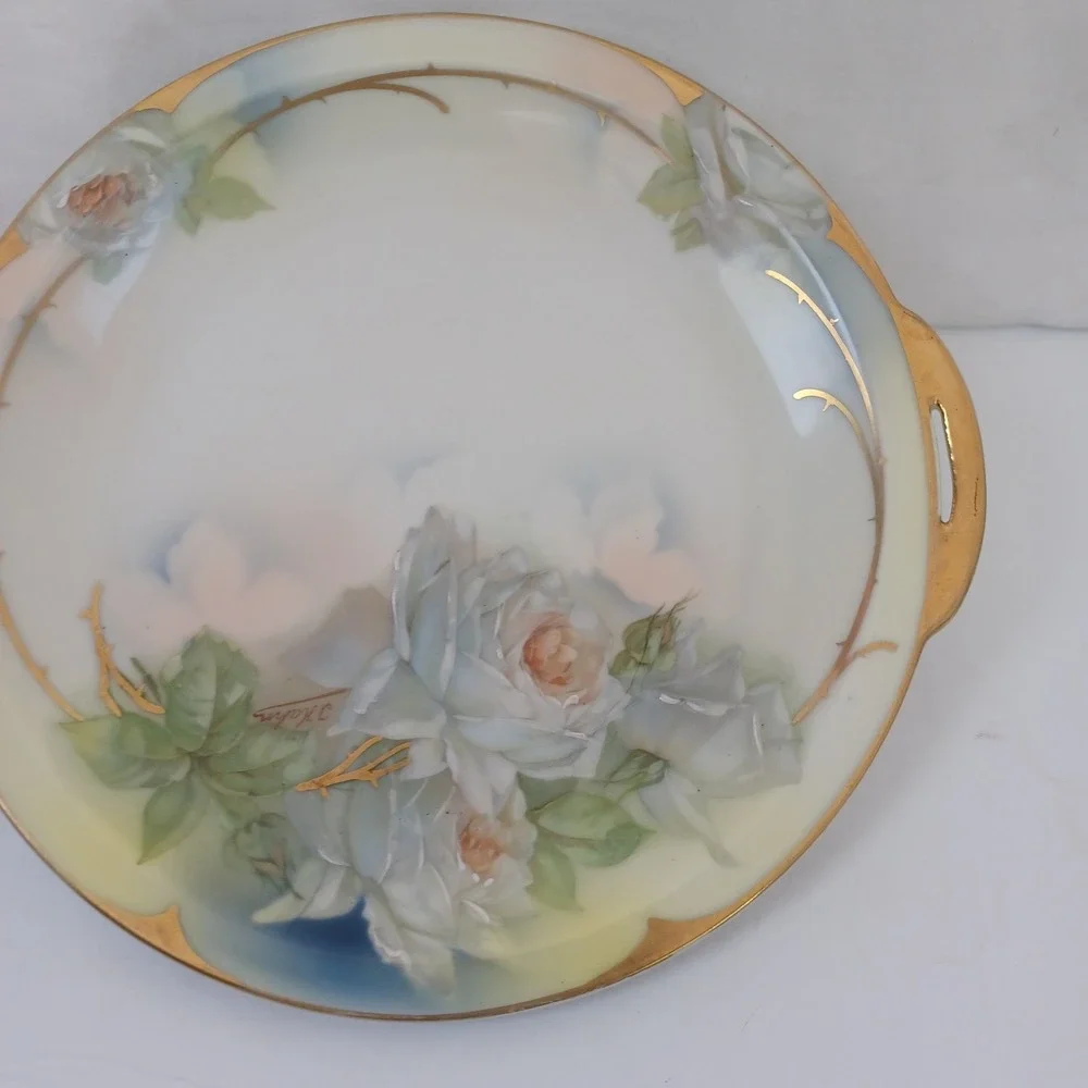 Royal Rudolstadt Hand‎ Painted Prussia Plate White Roses Gold Trim Handles